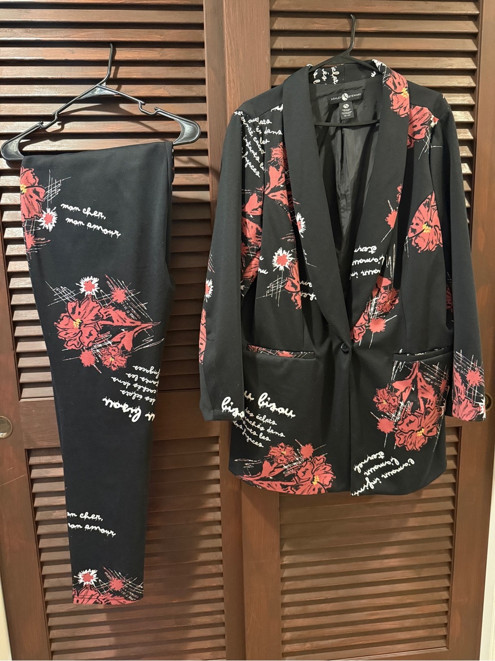 Ashley Stewart Black Blazer & Pants Set with Red Floral Print